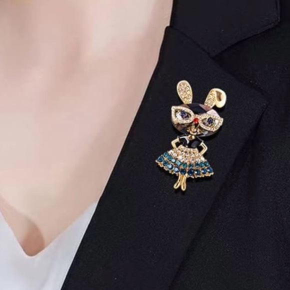 Whimsical Gold and Blue Lady Rabbit Brooch with Crystals - Picture 2 of 6